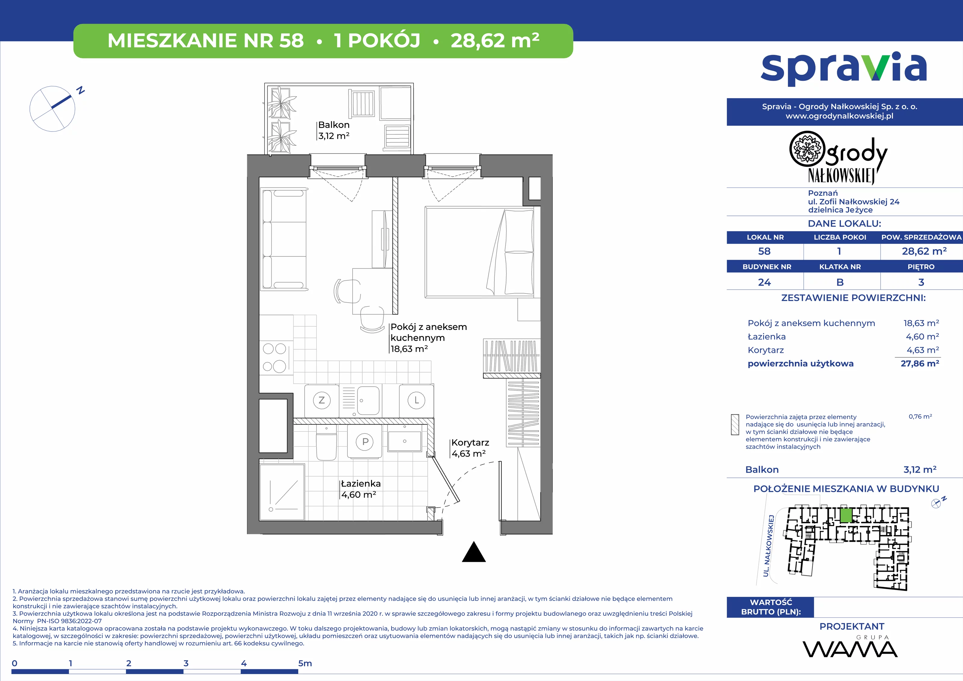 1 pokój, mieszkanie 28,62 m², piętro 3, oferta nr 24-58, Ogrody Nałkowskiej, Poznań, Ogrody, ul. Nałkowskiej 24, 26